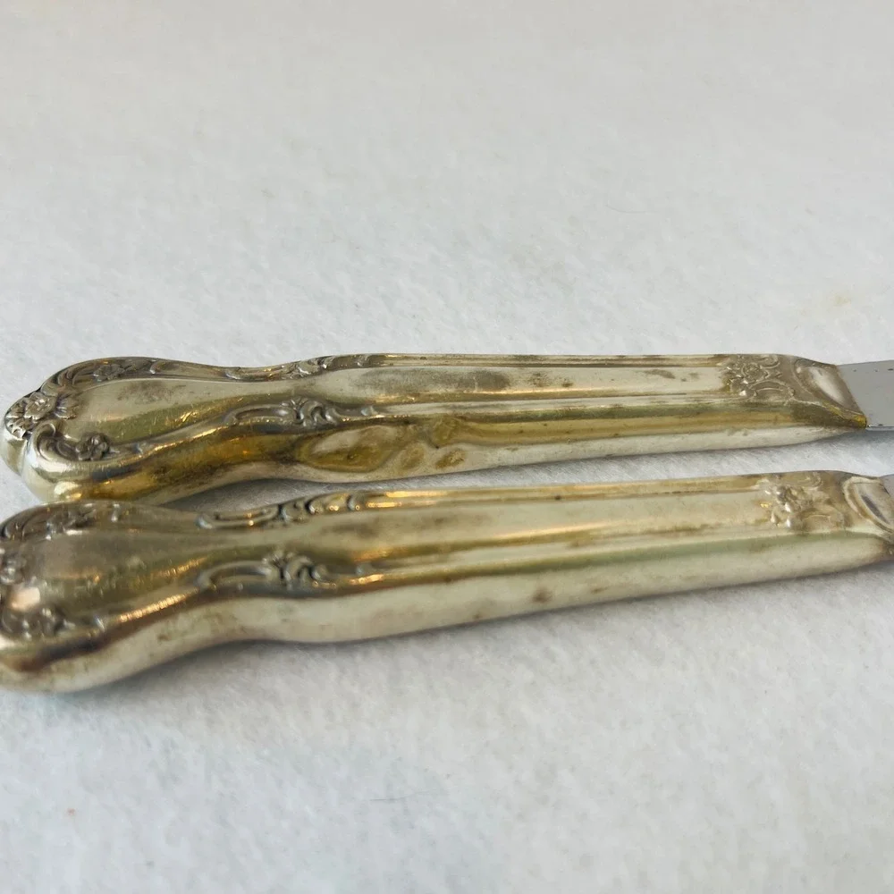 Vintage Silver Plated Floral Scroll Dinner Knives Set of 2 Stainless Blade 8.5